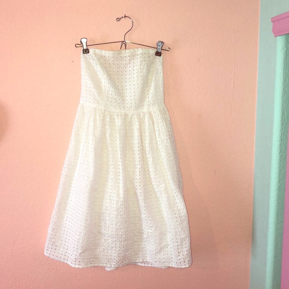strapless white eyelet dress